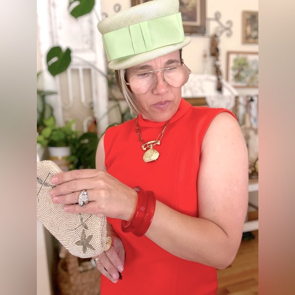 STRIKING Vintage Lucite Bangle Bracelet Wide Red Orange Mod Retro